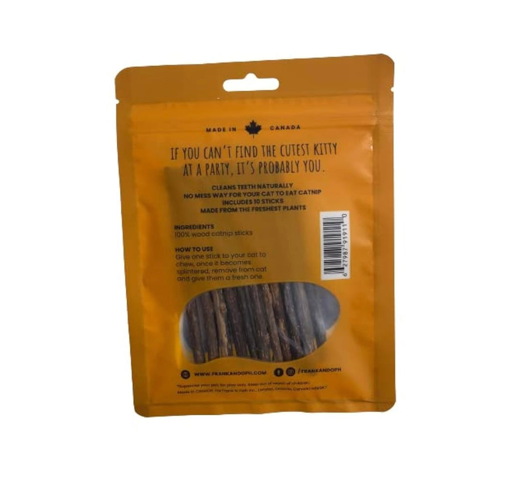 Yellow package of cat treats with text and a barcode on a white background