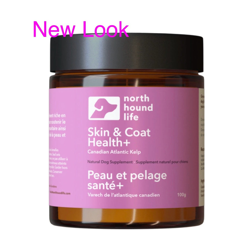 Jar of North Hound Life Skin & Coat Health supplement with pink label on a white background
