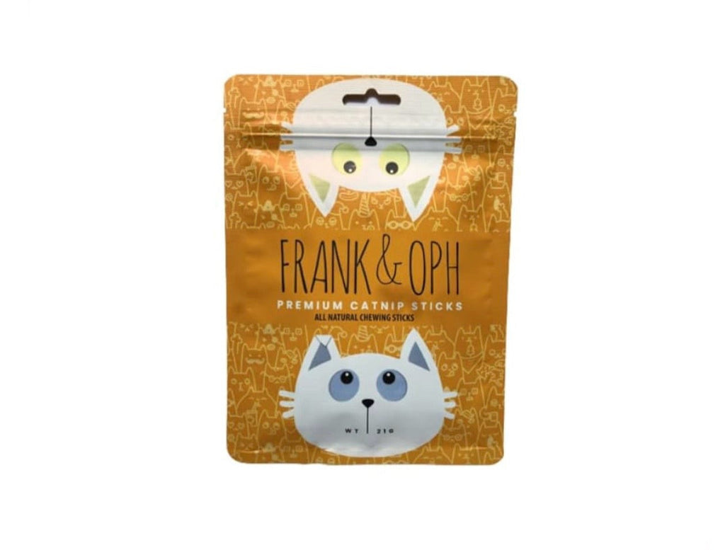 Package of Frank & Oph catnip sticks with cartoon cat design on a white background