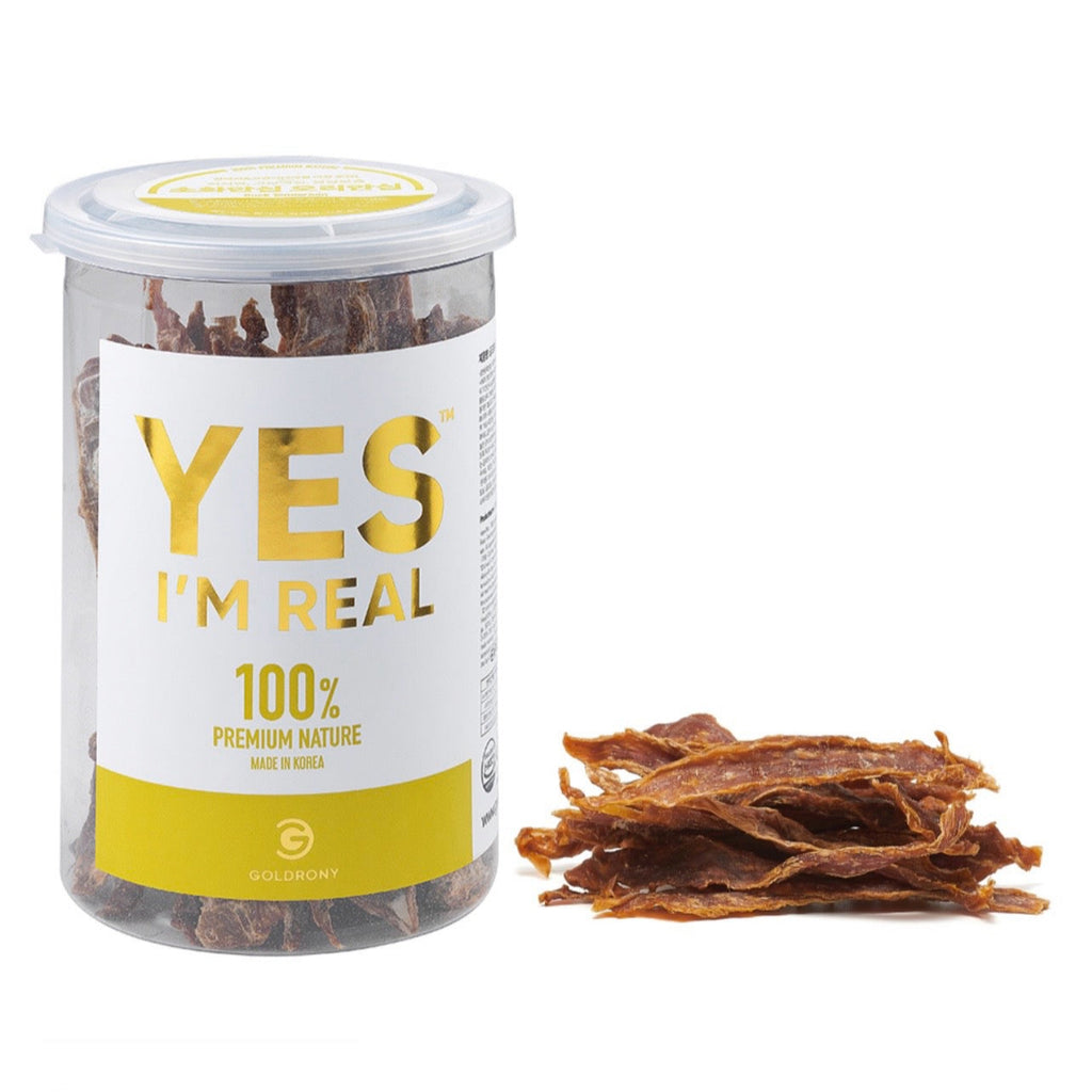 Jar of 'YES I'M REAL' pet treats with a white background